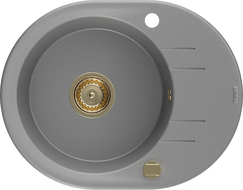 Mexen Kevin 1-bowl granite sink with drainer 586 x 458 mm, gray, gold siphon - 6517581005-71-G