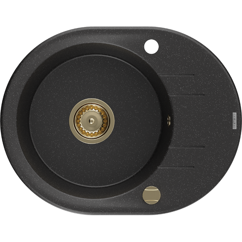 Mexen Kevin 1-bowl granite sink with drainer 586 x 458 mm, black/silver metallic, gold siphon - 6517581005-73-G