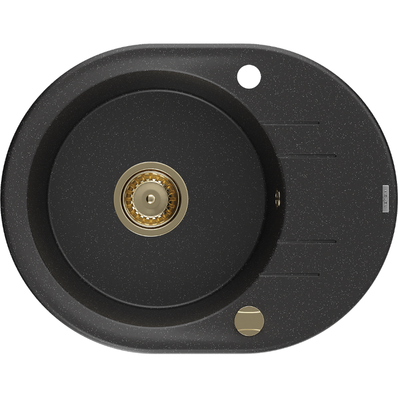 Mexen Kevin 1-bowl granite sink with drainer 586 x 458 mm, black/silver metallic, golden siphon - 6517581005-73-G