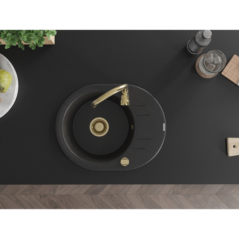 Mexen Kevin 1-bowl granite sink with drainer 586 x 458 mm, black/silver metallic, gold siphon - 6517581005-73-G