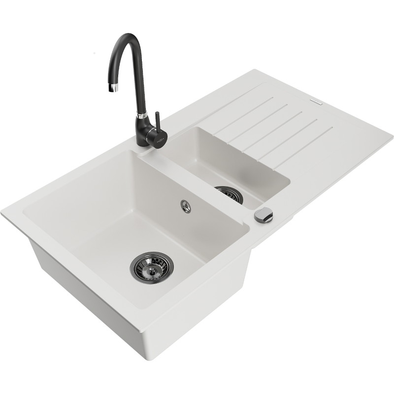 Mexen Matias 1.5-bowl granite sink with a drainer and Telma kitchen faucet, white - 6502-20-670200-70