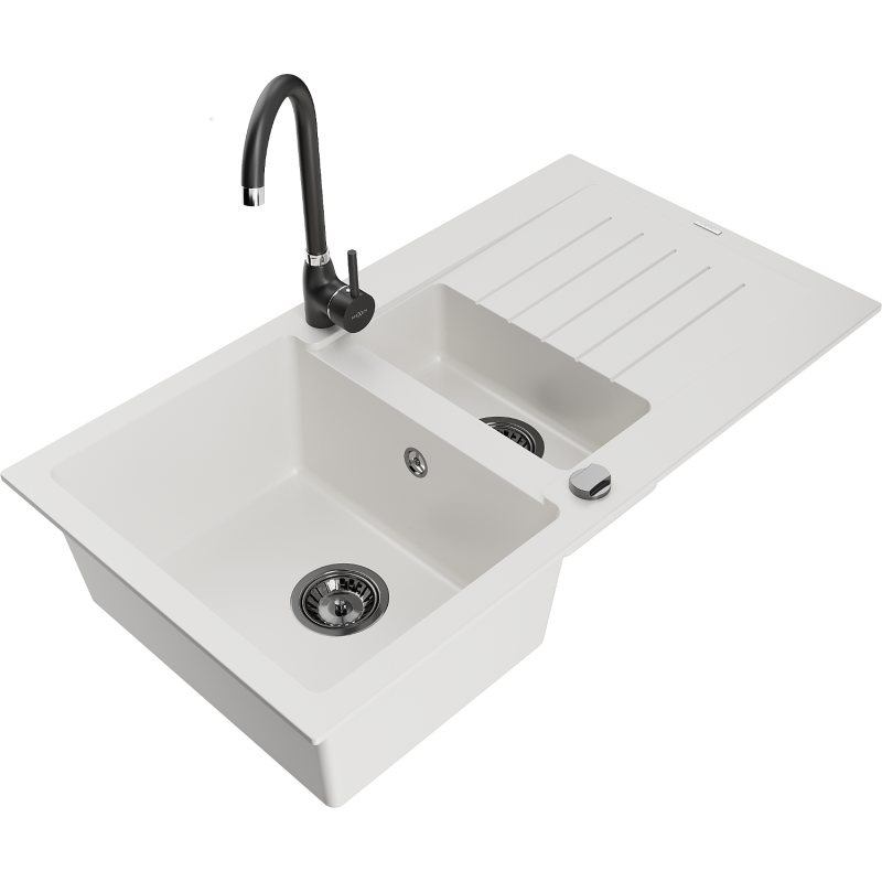 Mexen Matias 1.5-bowl granite sink with drainer and Telma kitchen tap, white - 6502-20-670200-70