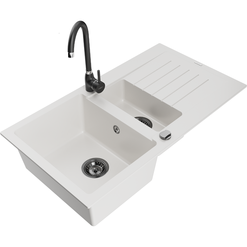 Mexen Matias 1.5-compartment granite sink with a drip tray and kitchen mixer tap Telma, White - 6502-20-670200-70