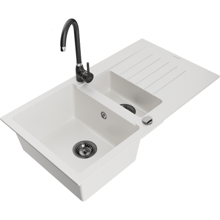 Mexen Matias 1.5-compartment granite sink with a drip tray and kitchen mixer tap Telma, White - 6502-20-670200-70