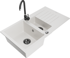 Mexen Matias 1.5-compartment granite sink with a drip tray and kitchen mixer tap Telma, White - 6502-20-670200-70