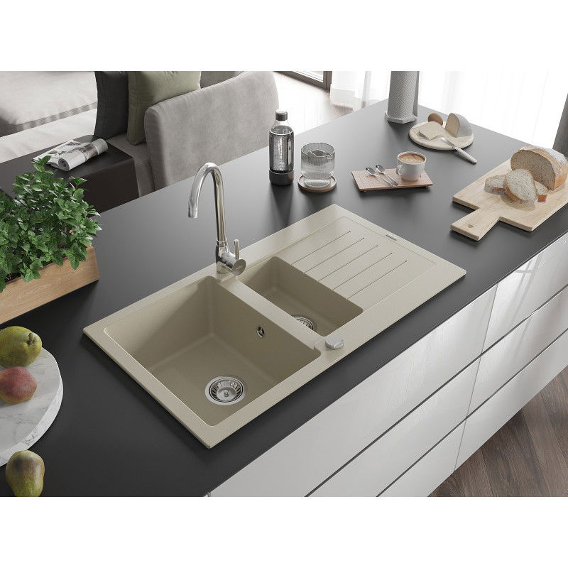 Mexen Matias 1.5-bowl granit sink with drainer and Telma kitchen tap, beige - 6502-69-670200-00