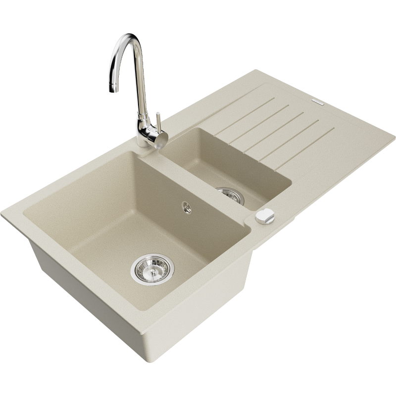 Mexen Matias 1.5-bowl granit sink with drainer and Telma kitchen tap, beige - 6502-69-670200-00