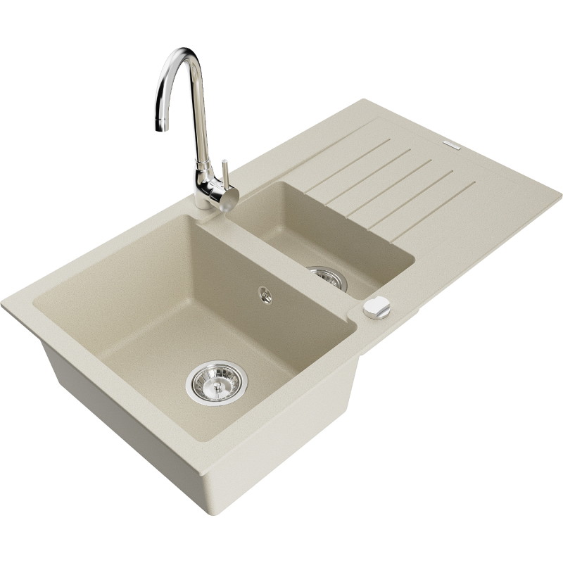 Mexen Matias granite sink 1.5-bowl with drainer and Telma kitchen faucet, beige - 6502-69-670200-00