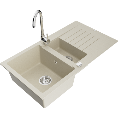 Mexen Matias 1.5-bowl granit sink with drainer and Telma kitchen tap, beige - 6502-69-670200-00