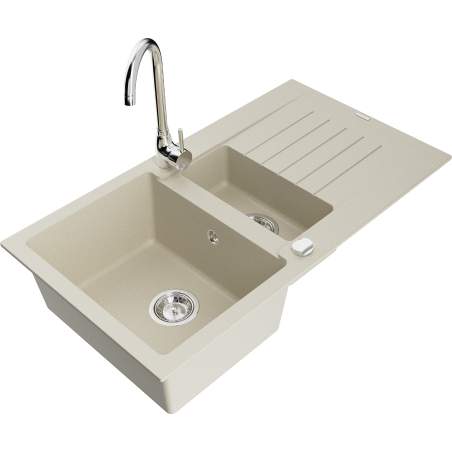 Mexen Matias granite sink 1.5-bowl with drainer and Telma kitchen faucet, beige - 6502-69-670200-00