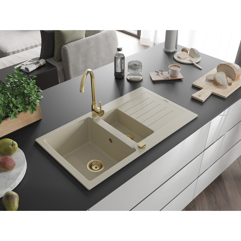 Mexen Matias granite sink 1.5-bowl with drainer and Telma kitchen faucet, beige - 6502-69-670200-50