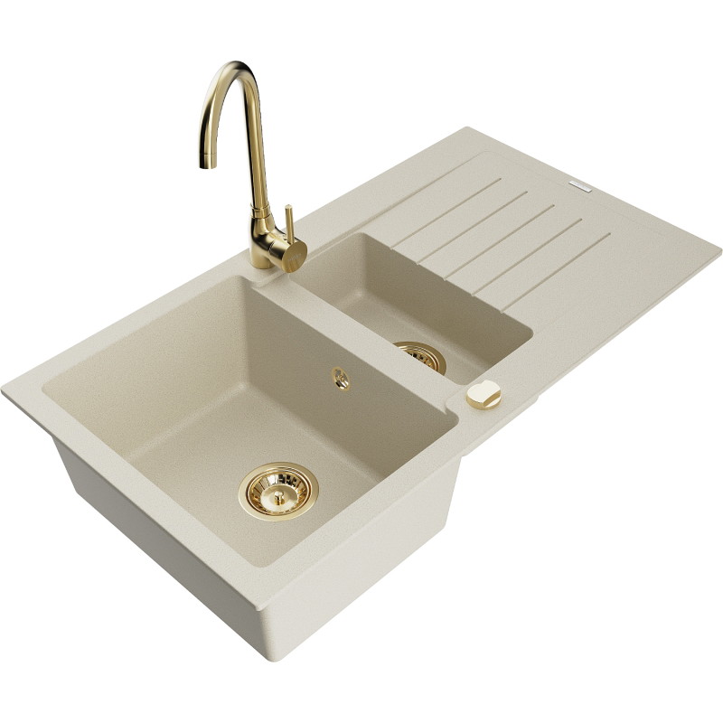 Mexen Matias granite sink 1.5-bowl with drainer and Telma kitchen faucet, beige - 6502-69-670200-50