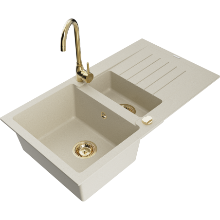 Mexen Matias granite sink 1.5-bowl with drainer and Telma kitchen faucet, beige - 6502-69-670200-50