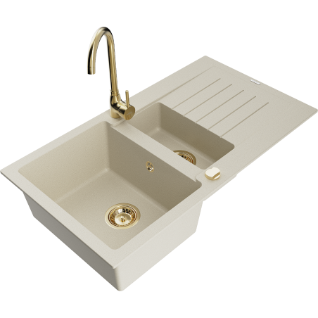 Mexen Matias granite sink 1.5-bowl with drainer and Telma kitchen tap, beige - 6502-69-670200-50
