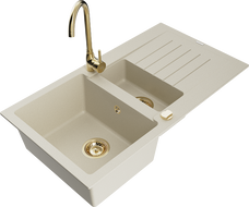 Mexen Matias 1.5-compartment granite sink with a drip tray and kitchen mixer tap Telma, Beige - 6502-69-670200-50