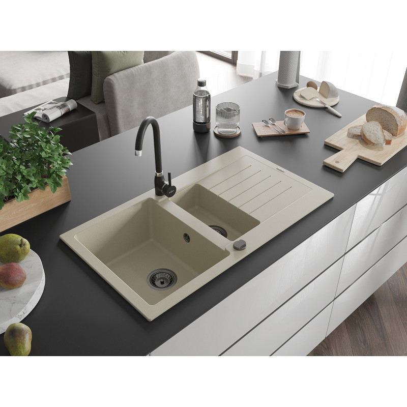 Mexen Matias 1.5-bowl granite sink with drainer and Telma kitchen faucet, beige - 6502-69-670200-70