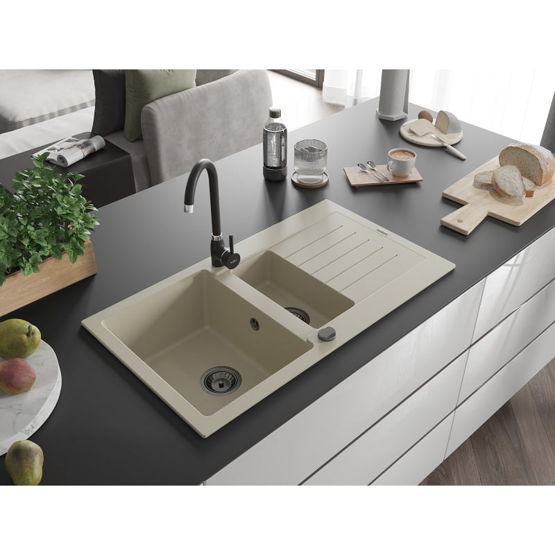 Mexen Matias granite sink 1.5-bowl with drainer and Telma kitchen faucet, beige - 6502-69-670200-70