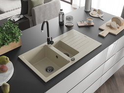 Mexen Matias granite kitchen sink 1.5-bowl with drainer and Telma kitchen tap, beige - 6502-69-670200-70