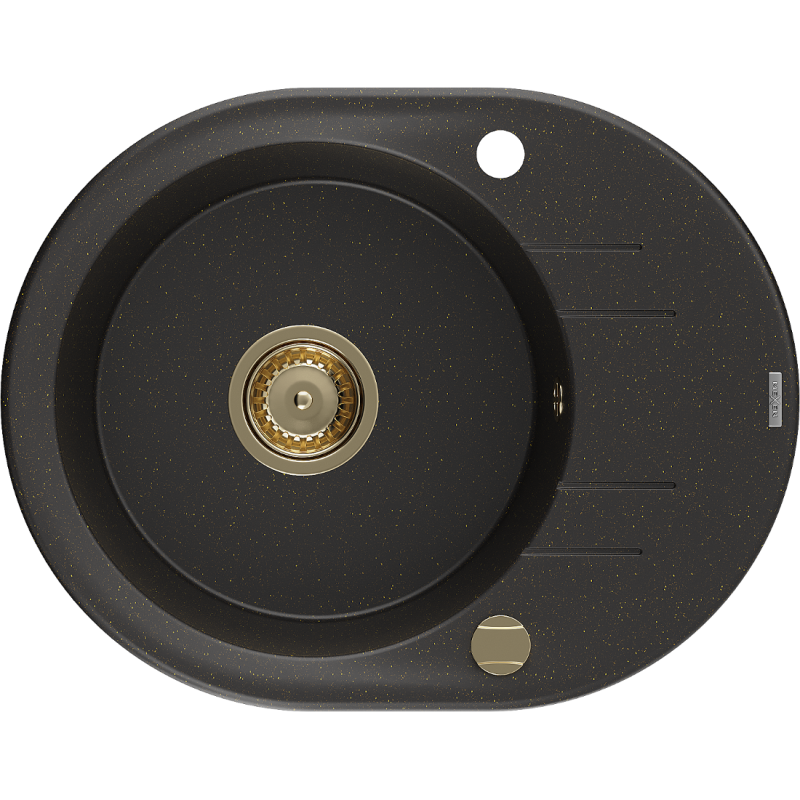 Mexen Kevin 1-bowl granite sink with drainer 586 x 458 mm, black/gold metallic, gold siphon - 6517581005-75-G