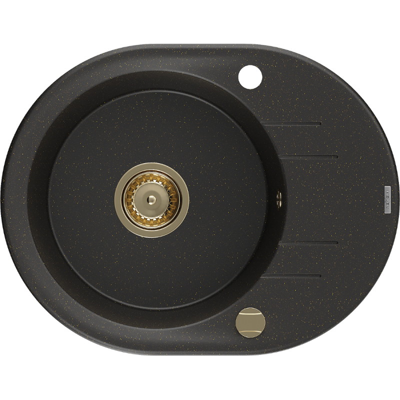 Mexen Kevin granite sink 1-bowl with drainer 586 x 458 mm, black/golden metallic, golden siphon - 6517581005-75-G