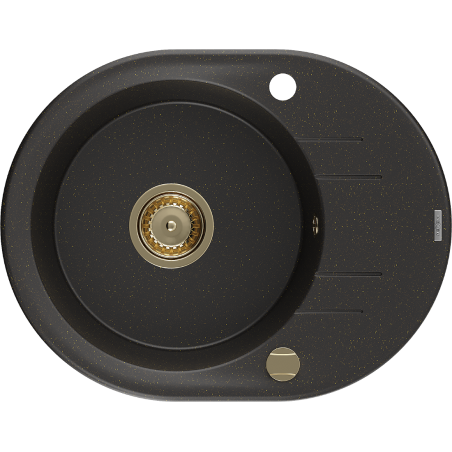 Mexen Kevin 1-bowl granite sink with drainer 586 x 458 mm, black/gold metallic, gold siphon - 6517581005-75-G