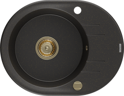 Mexen Kevin granite sink 1-bowl with drainer 586 x 458 mm, black/golden metallic, golden siphon - 6517581005-75-G