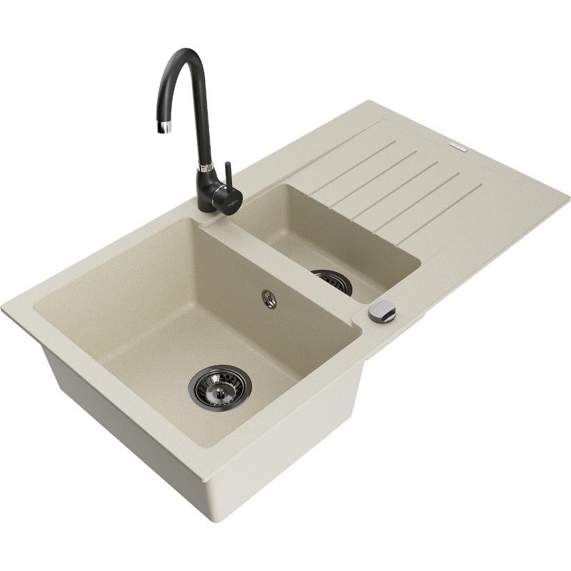 Mexen Matias granite kitchen sink 1.5-bowl with drainer and Telma kitchen tap, beige - 6502-69-670200-70
