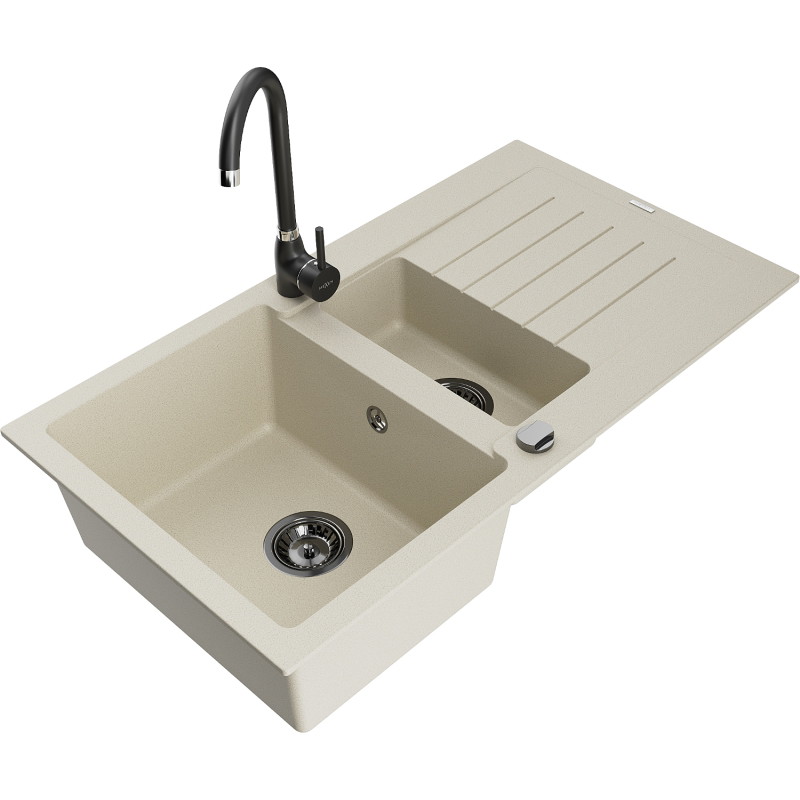 Mexen Matias granite sink 1.5-bowl with drainer and Telma kitchen faucet, beige - 6502-69-670200-70