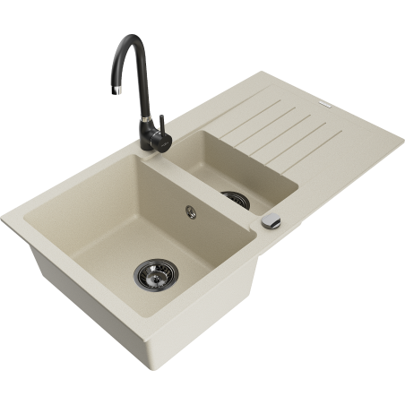 Mexen Matias 1.5-compartment granite sink with a drip tray and kitchen mixer tap Telma, Beige - 6502-69-670200-70