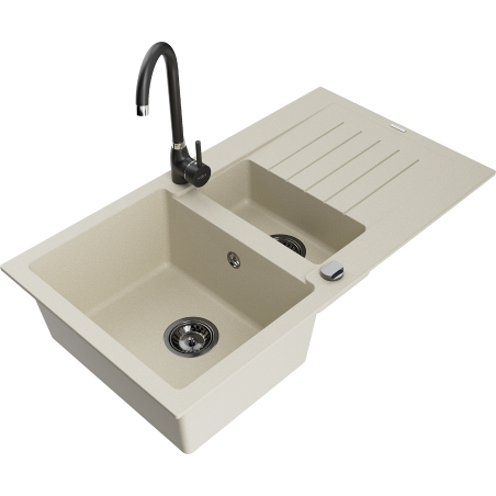 Mexen Matias granite kitchen sink 1.5-bowl with drainer and Telma kitchen tap, beige - 6502-69-670200-70