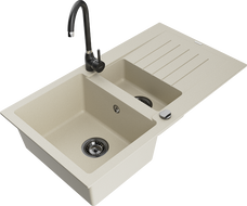 Mexen Matias 1.5-bowl granite sink with drainer and Telma kitchen faucet, beige - 6502-69-670200-70