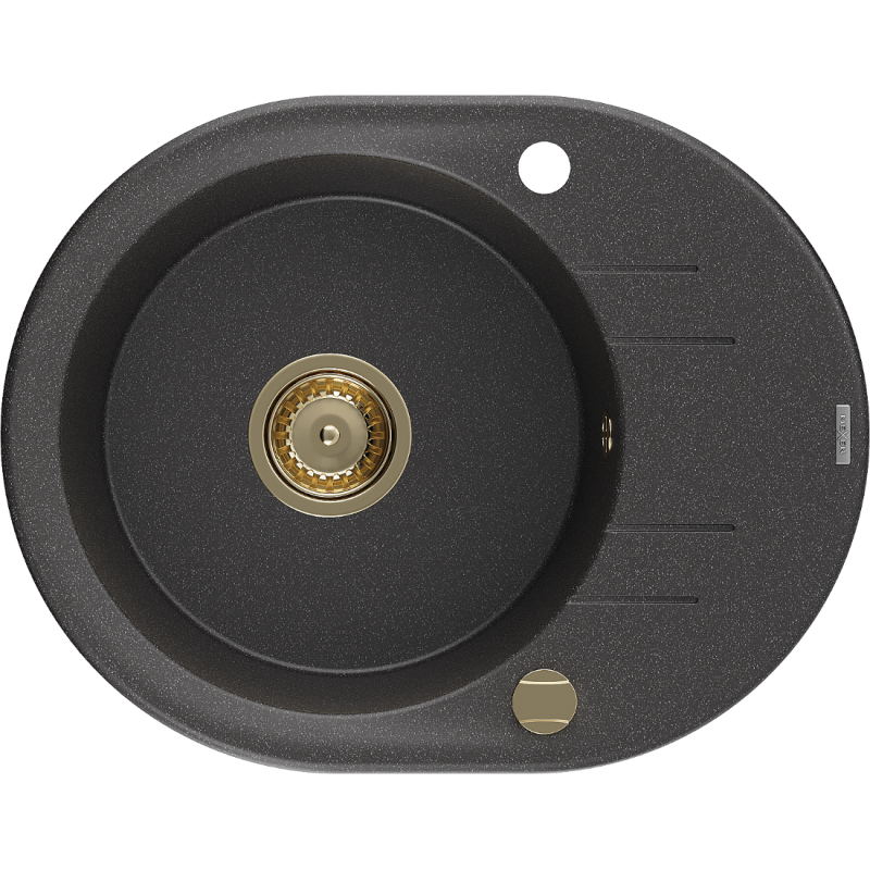 Mexen Kevin granite kitchen sink 1-bowl with drainer 586 x 458 mm, black speckled, golden siphon - 6517581005-76-G