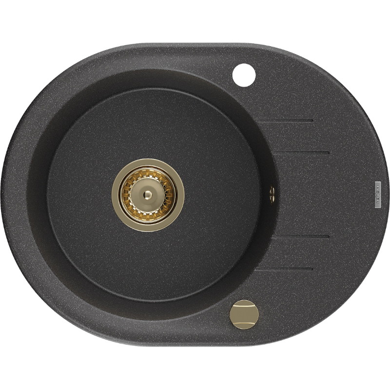 Mexen Kevin granite single-bowl sink with drainer 586 x 458 mm, speckled black, gold siphon - 6517581005-76-G