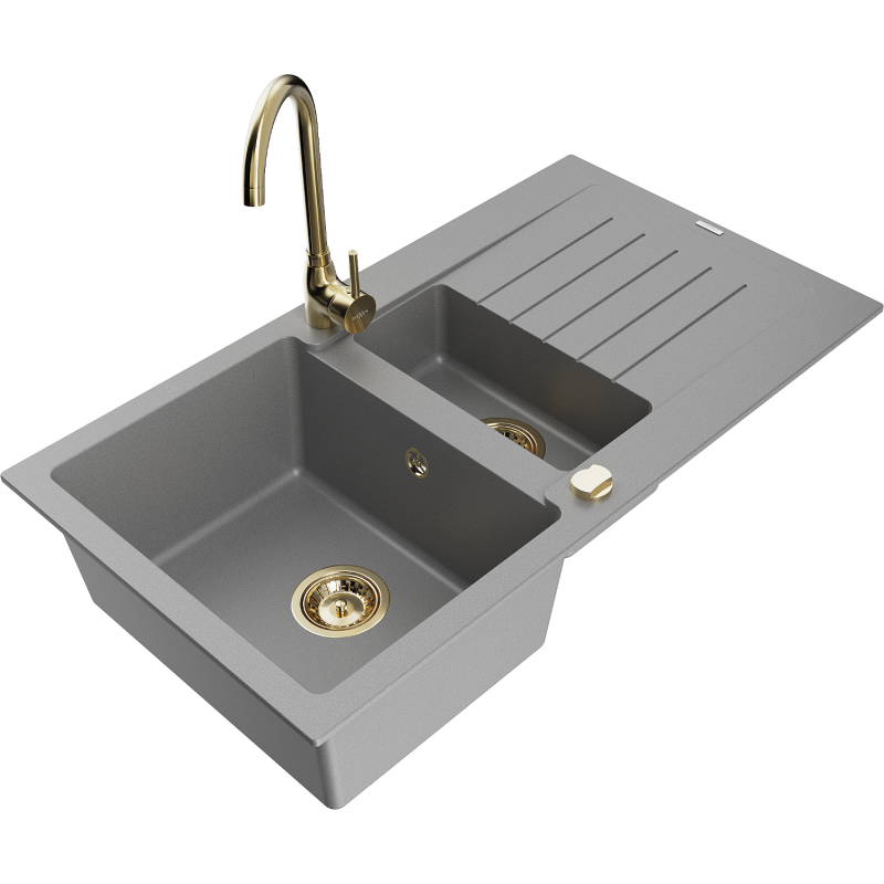 Mexen Matias 1.5-bowl granite sink with drainer and Telma kitchen tap, grey - 6502-71-670200-50