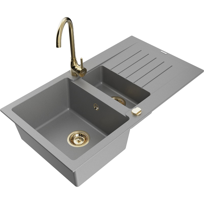 Mexen Matias Telma 1.5-Bowl Granite Sink with Drainer and Kitchen Faucet, Gray - 6502-71-670200-50