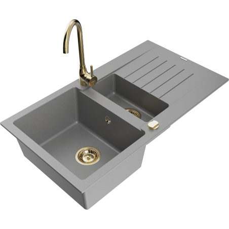 Mexen Matias 1.5-bowl granite sink with drainer and Telma kitchen tap, grey - 6502-71-670200-50