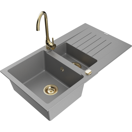 Mexen Matias 1.5-compartment granite sink with a drip tray and kitchen mixer tap Telma, Grey - 6502-71-670200-50