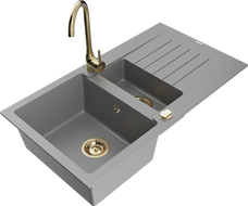 Mexen Matias Telma 1.5-Bowl Granite Sink with Drainer and Kitchen Faucet, Gray - 6502-71-670200-50