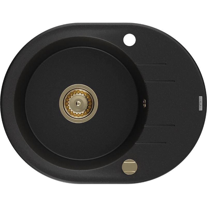 Mexen Kevin 1-bowl granite sink with drainer 586 x 458 mm, black, gold siphon - 6517581005-77-G