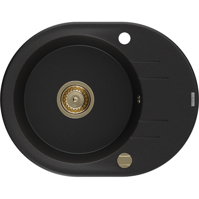 Mexen Kevin granite kitchen sink 1-bowl with drainer 586 x 458 mm, black, gold siphon - 6517581005-77-G