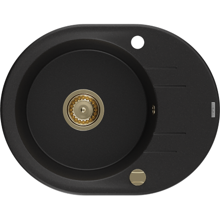 Mexen Kevin granite kitchen sink 1-bowl with drainer 586 x 458 mm, black, gold siphon - 6517581005-77-G