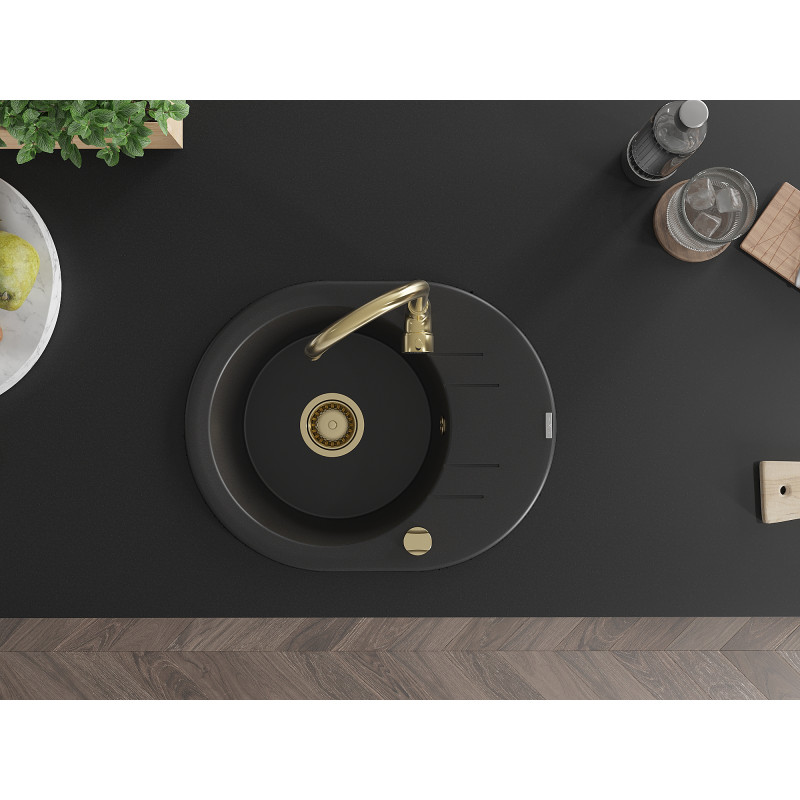 Mexen Kevin granite kitchen sink 1-bowl with drainer 586 x 458 mm, black, gold siphon - 6517581005-77-G