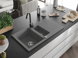 Mexen Matias 1.5-bowl granite sink with drainer and Telma kitchen faucet, gray - 6502-71-670200-70