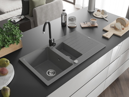 Mexen Matias 1.5-compartment granite sink with a drip tray and kitchen mixer tap Telma, Grey - 6502-71-670200-70