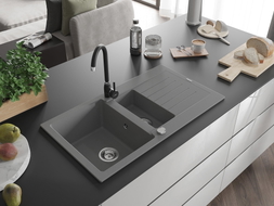 Mexen Matias 1.5-bowl granite sink with drainer and Telma kitchen faucet, gray - 6502-71-670200-70