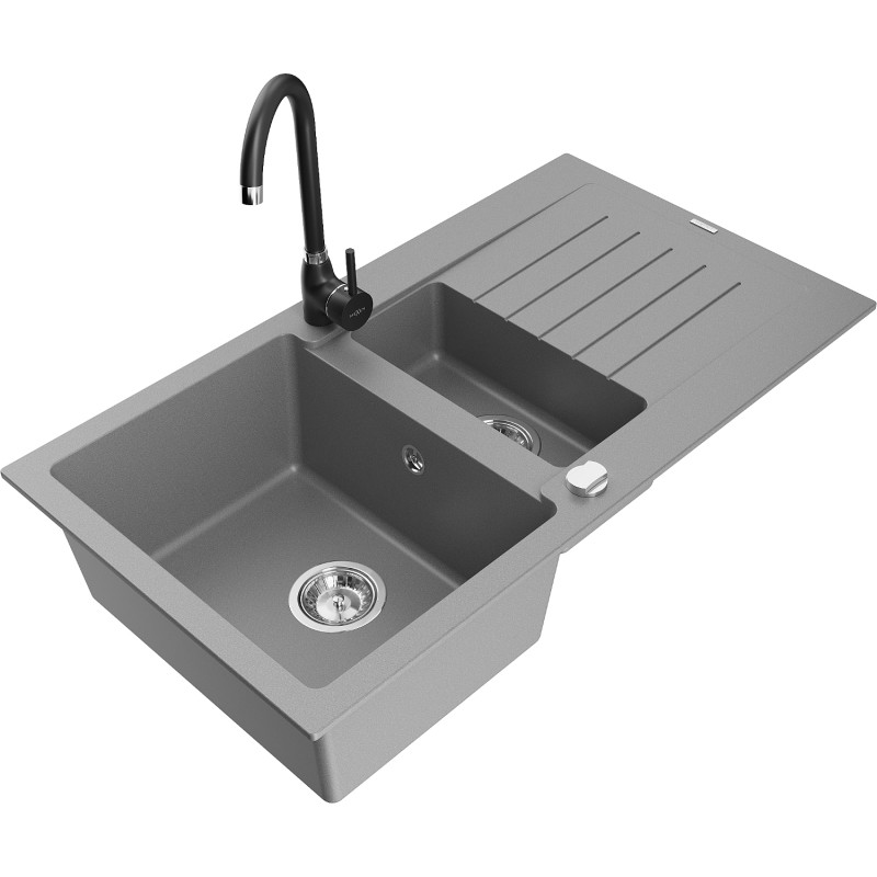 Mexen Matias granite sink 1.5-bowl with drainer and Telma kitchen faucet, gray - 6502-71-670200-70