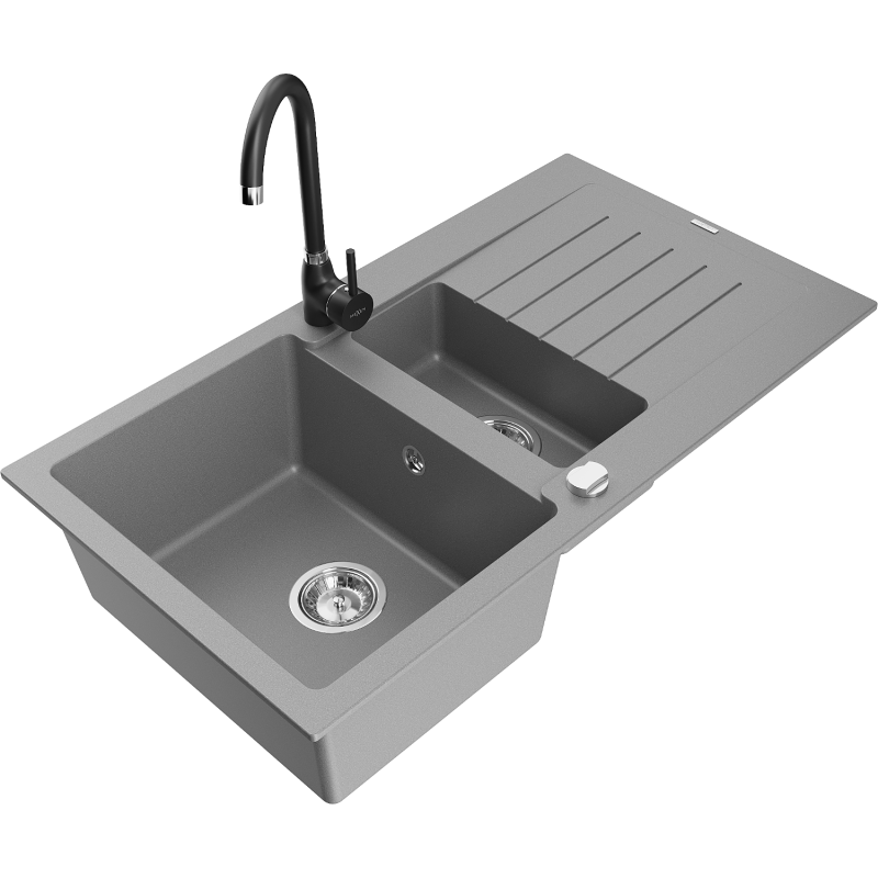 Mexen Matias granite sink 1.5-bowl with drainer and Telma kitchen tap, grey - 6502-71-670200-70
