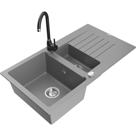Mexen Matias 1.5-compartment granite sink with a drip tray and kitchen mixer tap Telma, Grey - 6502-71-670200-70