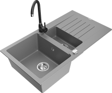 Mexen Matias 1.5-compartment granite sink with a drip tray and kitchen mixer tap Telma, Grey - 6502-71-670200-70