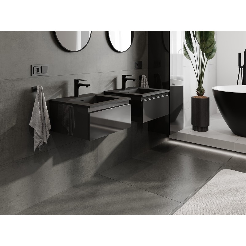 Mexen Orio 50 cm bathroom cabinet with Otis basin, 1 drawer, black gloss/black matte - 91A10-05023-1-BF70-W18M71